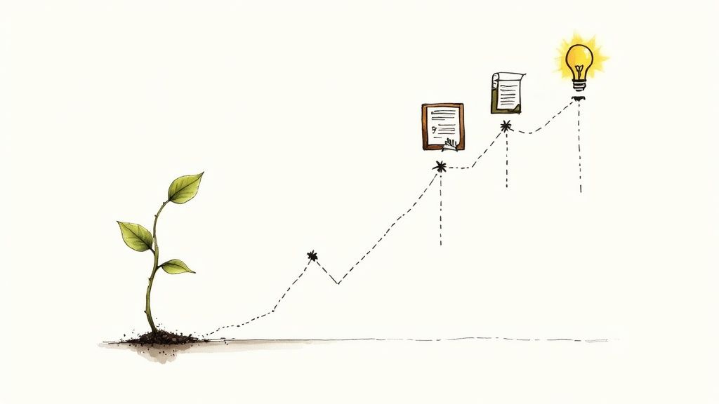 A plant growing from soil, illustrating a path of progress with documents leading to a bright idea lightbulb.