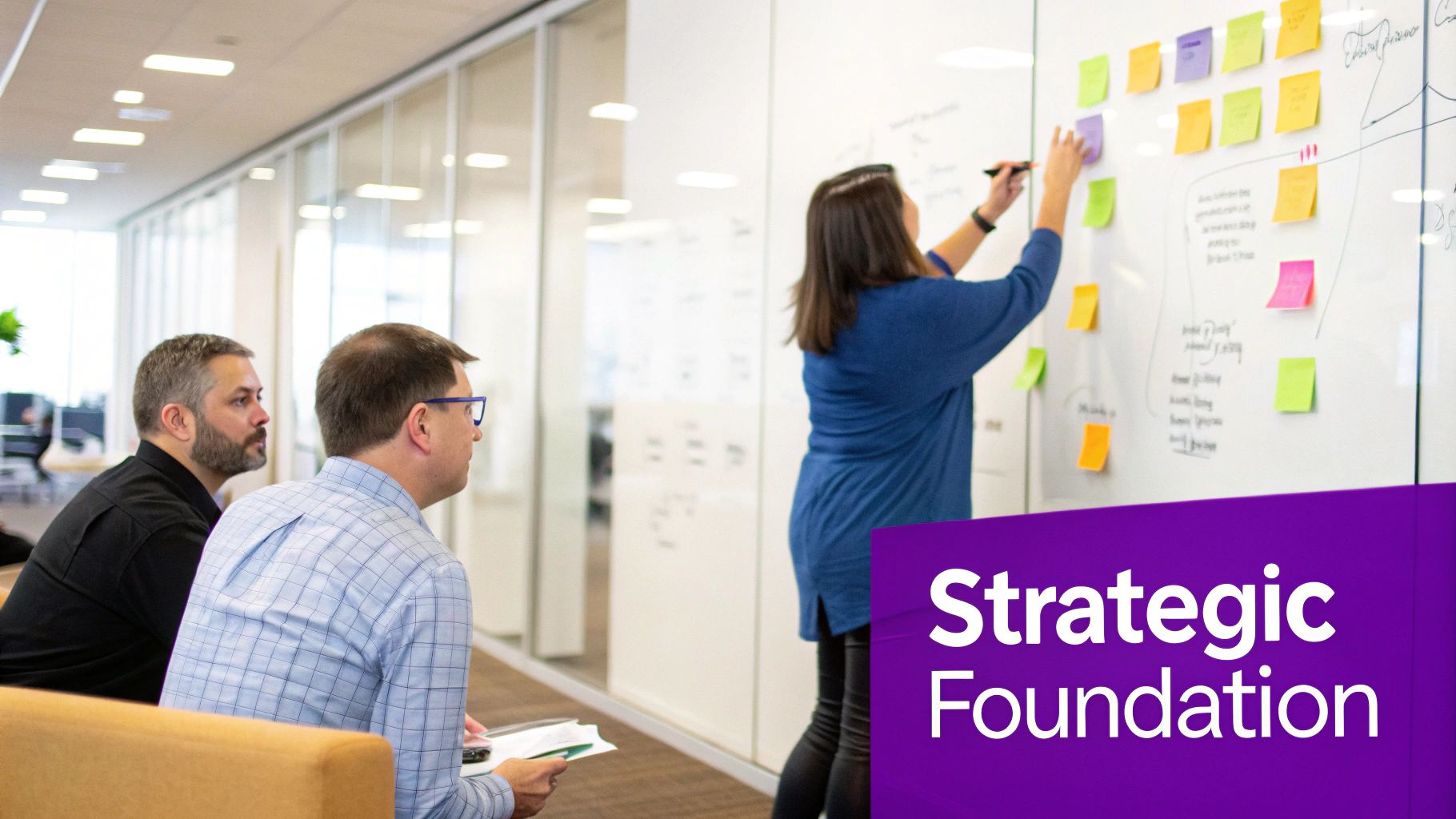 A team collaborates on a strategic planning session, placing colorful sticky notes on a whiteboard in an office.