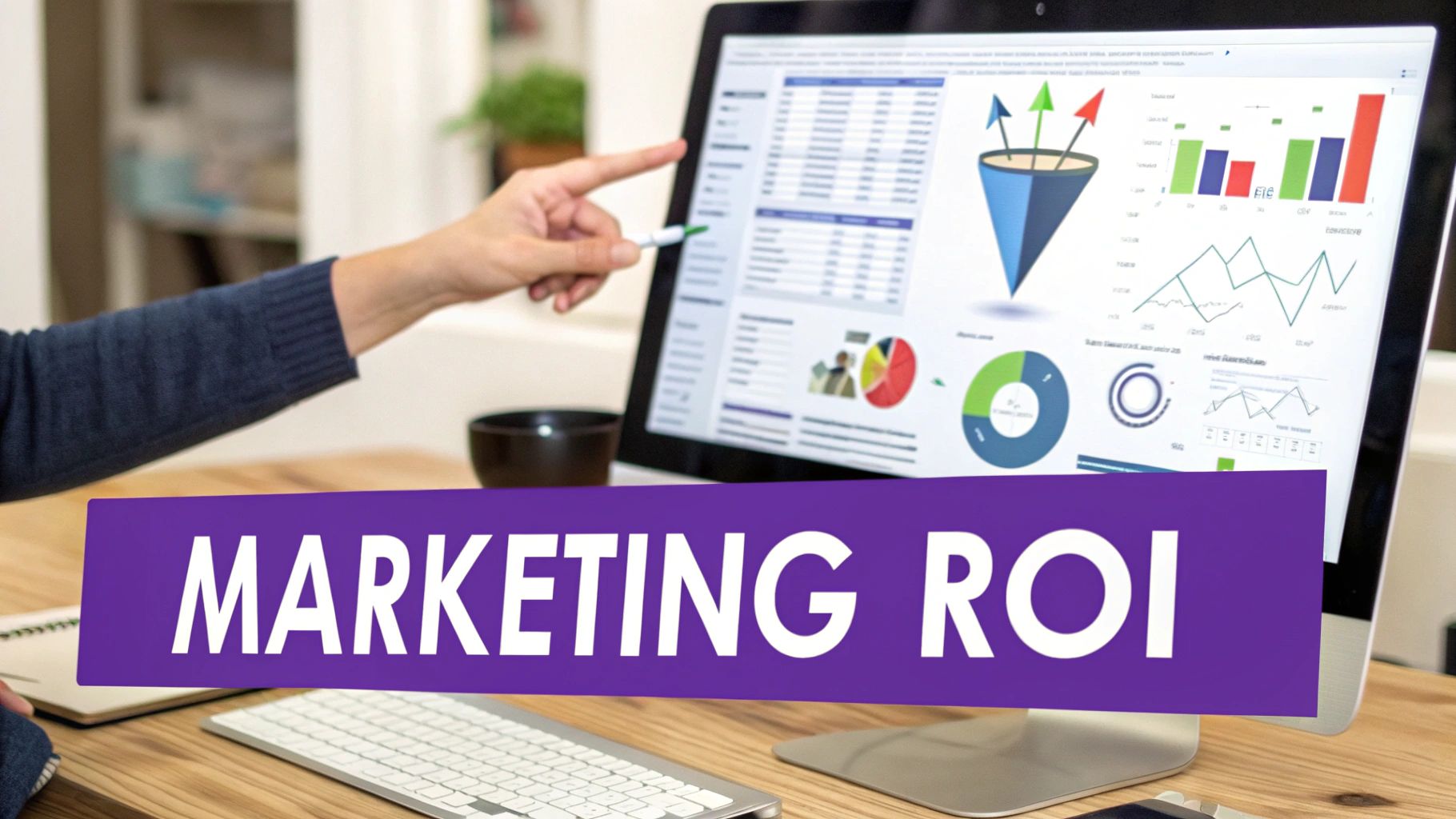 Person analyzing 'MARKETING ROI' data on a computer screen, showing various business performance charts.