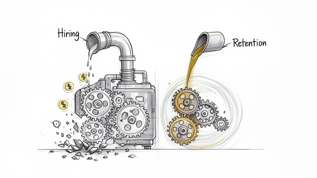 Illustration contrasting costly hiring with efficient employee retention, showing breaking versus smooth gears.