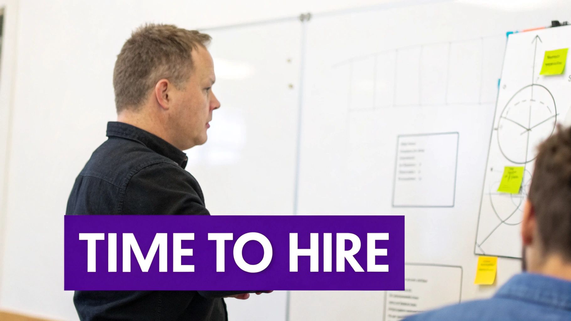 Man in a black shirt presenting in front of whiteboards with diagrams, text overlay says 'TIME TO HIRE'.