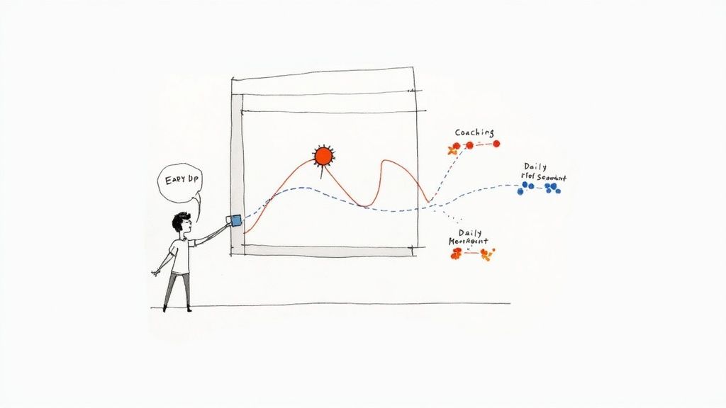 A sketch of a person drawing a graph illustrating performance metrics, coaching, and daily mentoring.