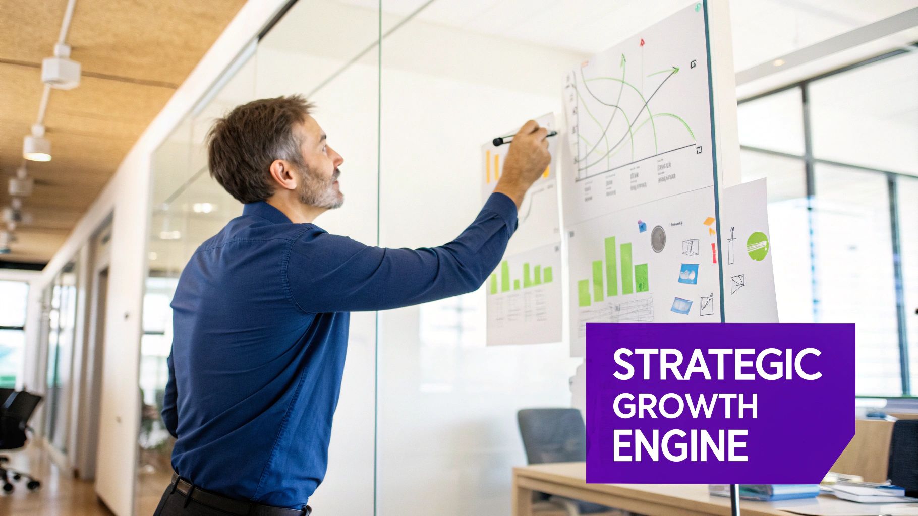 Business professional drawing strategic growth charts and graphs on whiteboard in modern office