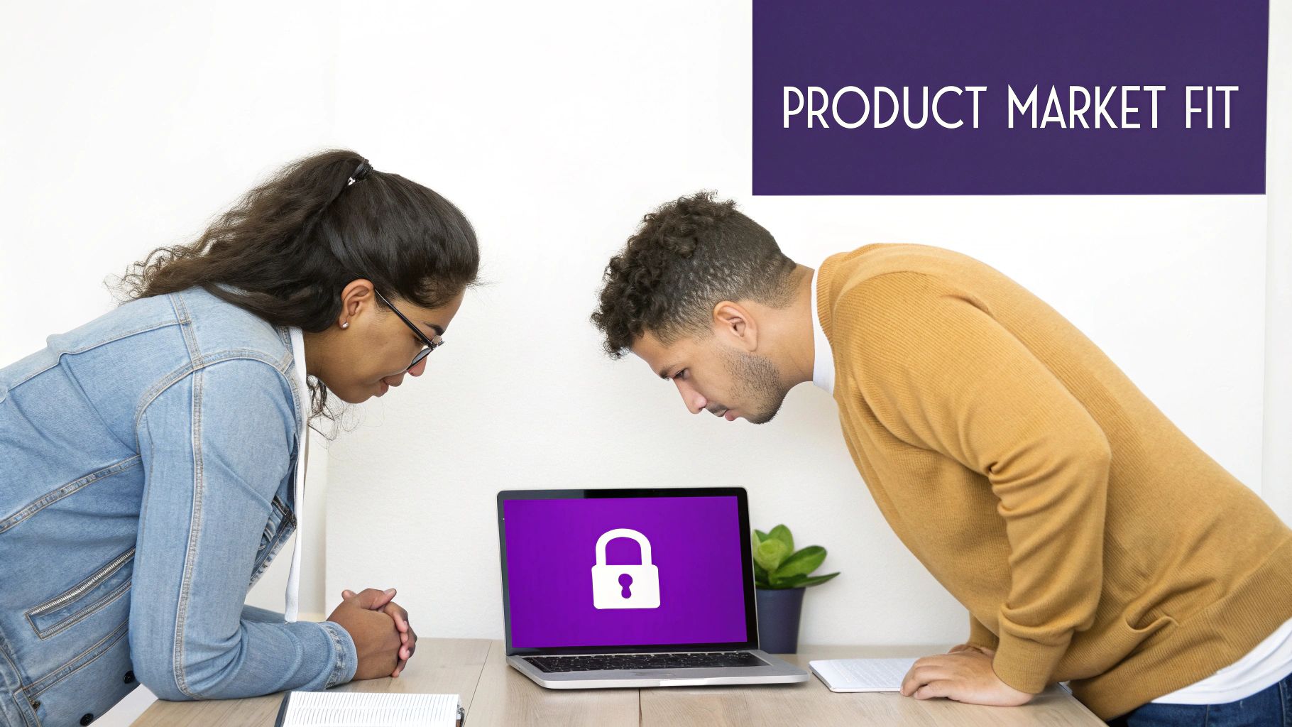 Two colleagues lean over a laptop displaying a padlock icon, representing security in product market fit.