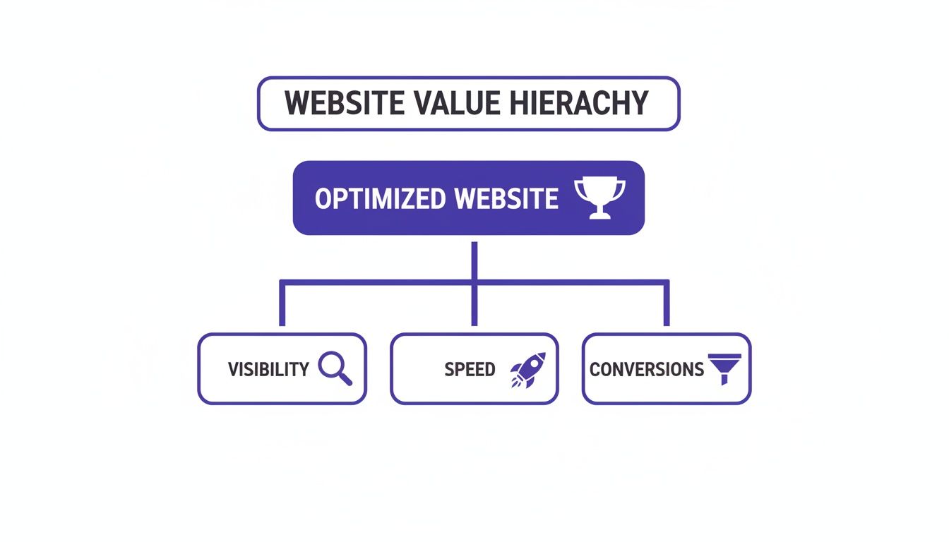 Diagram showing the website value hierarchy, emphasizing optimized website leads to visibility, speed, and conversions.