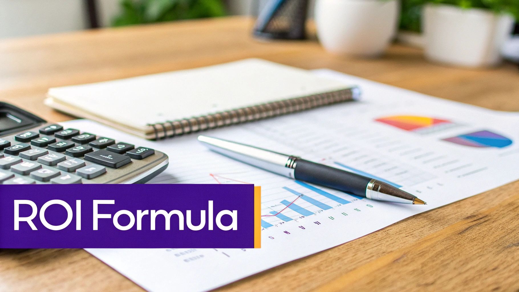 Desk with a calculator, pen, financial charts, and a 'ROI Formula' banner.