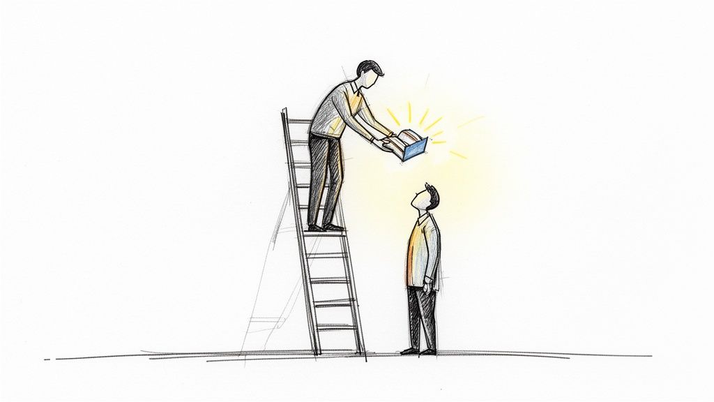 An illustration showing a mentor on a ladder passing a glowing book to a person looking up below.