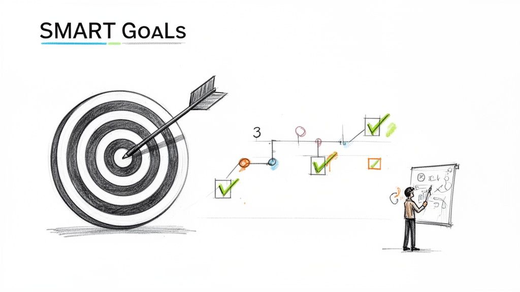 Illustration depicting SMART Goals with a target, arrow, process timeline, and a person planning.