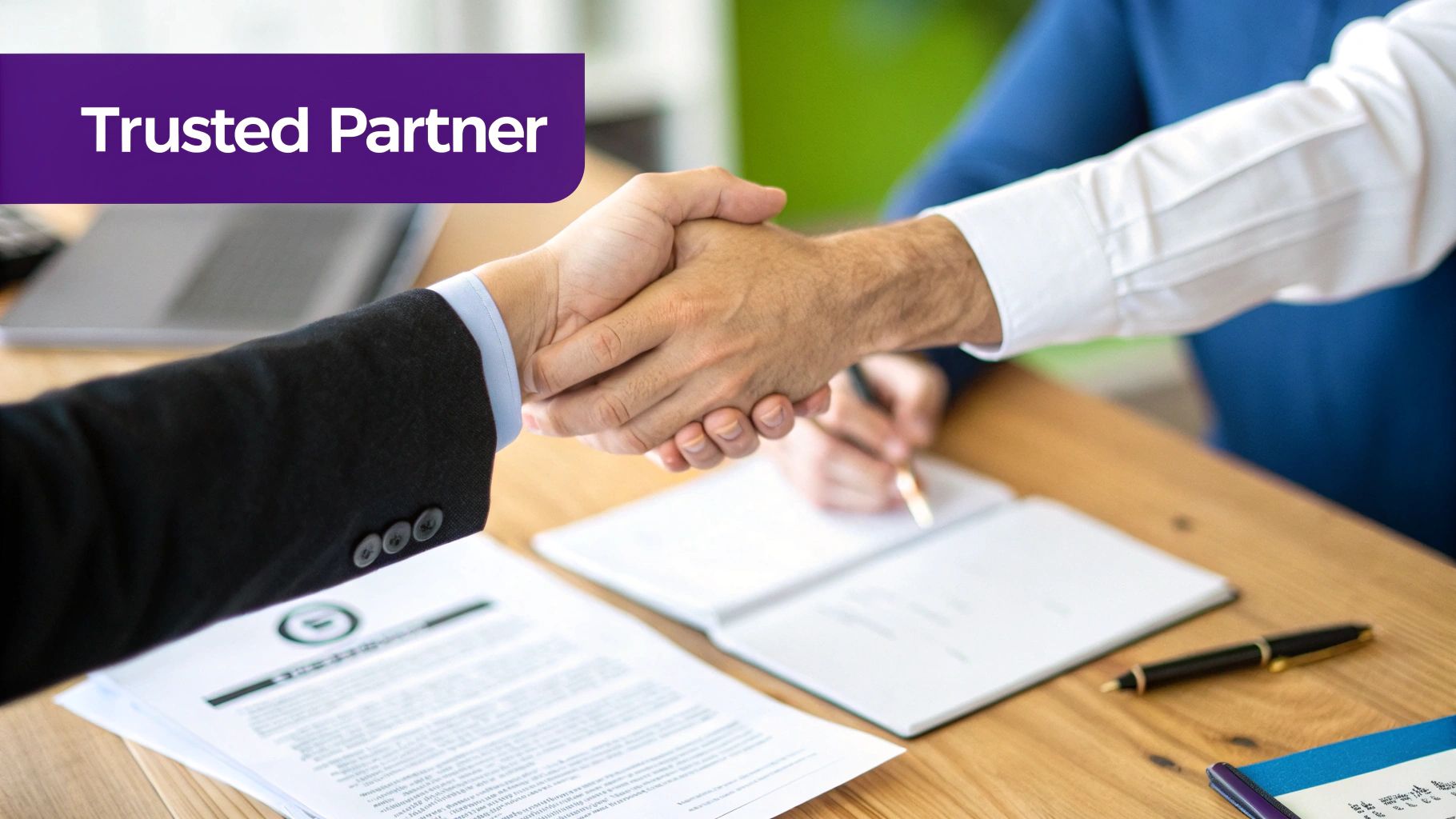 Two business professionals shake hands over a desk, symbolizing a trusted partnership or agreement.
