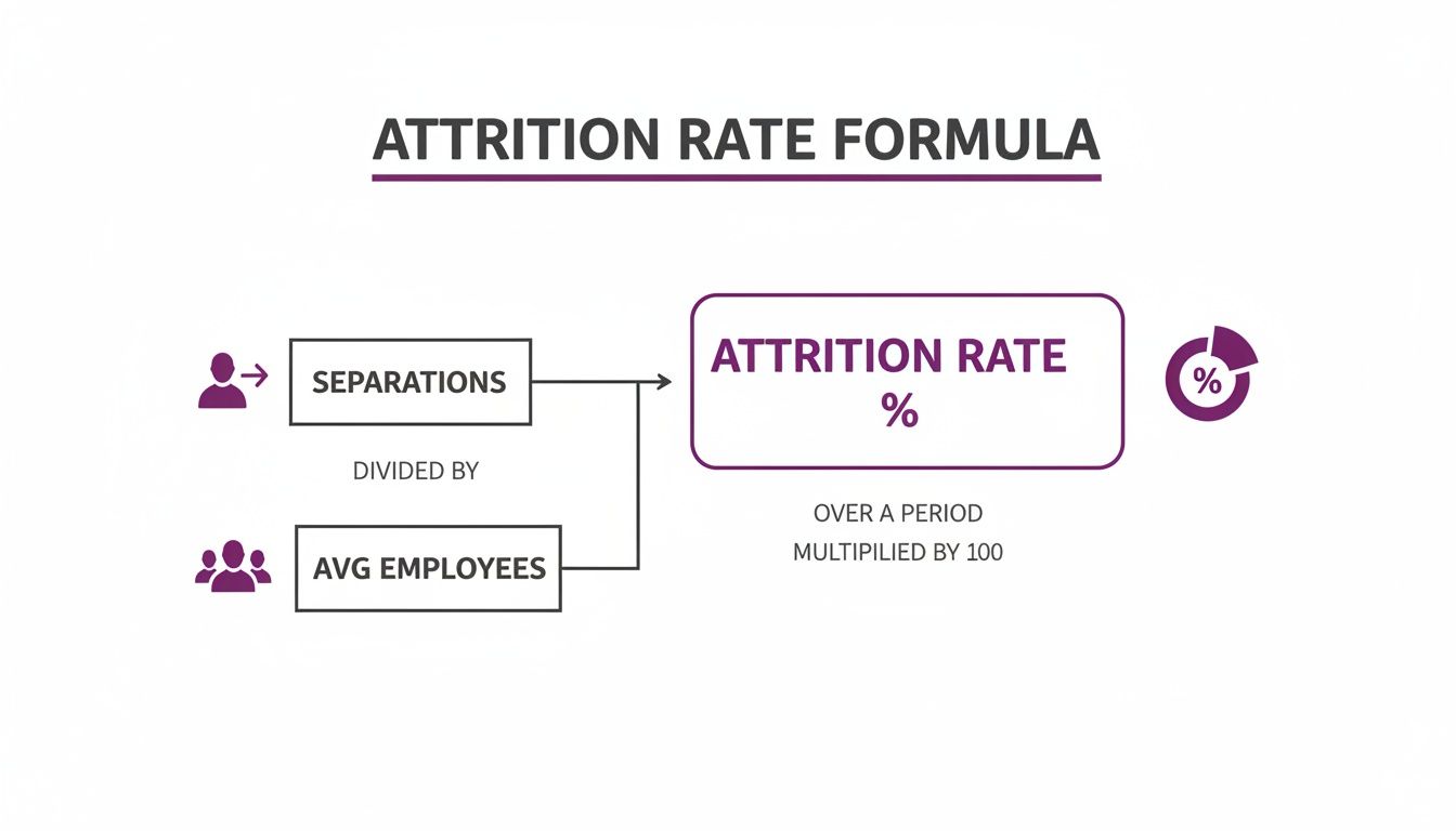 Visual formula for attrition rate: Separations divided by Average Employees, multiplied by 100.