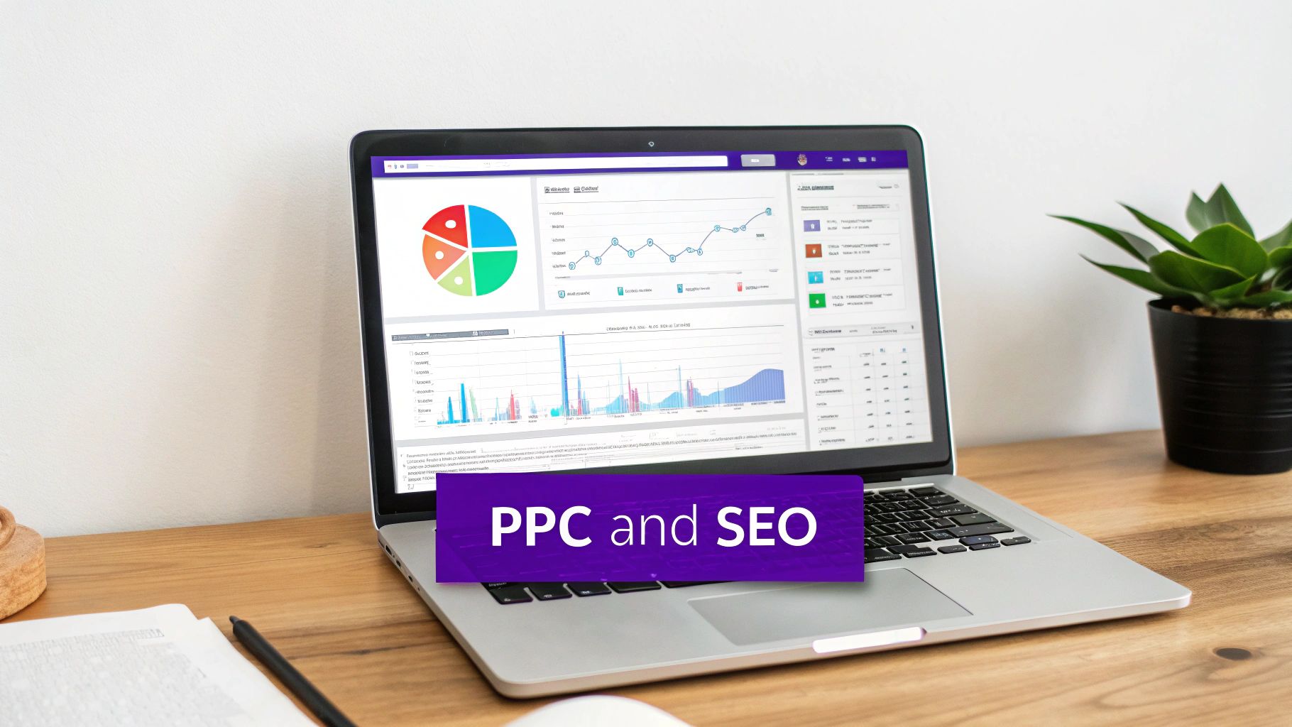 Laptop displaying PPC and SEO analytics dashboard with charts, graphs, and performance metrics on wooden desk