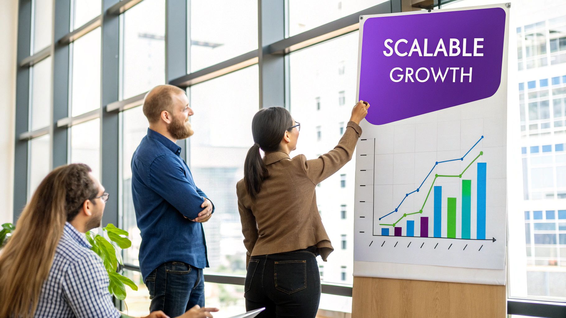 Three business professionals discussing scalable growth charts in a modern office.