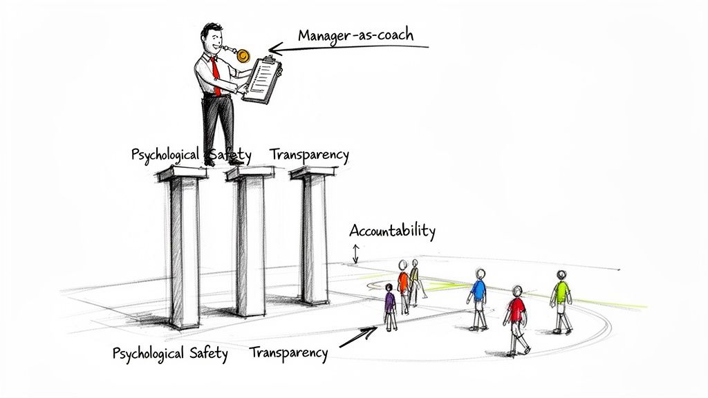 Illustration of a manager-as-coach on pillars of psychological safety and transparency guiding a team with accountability.