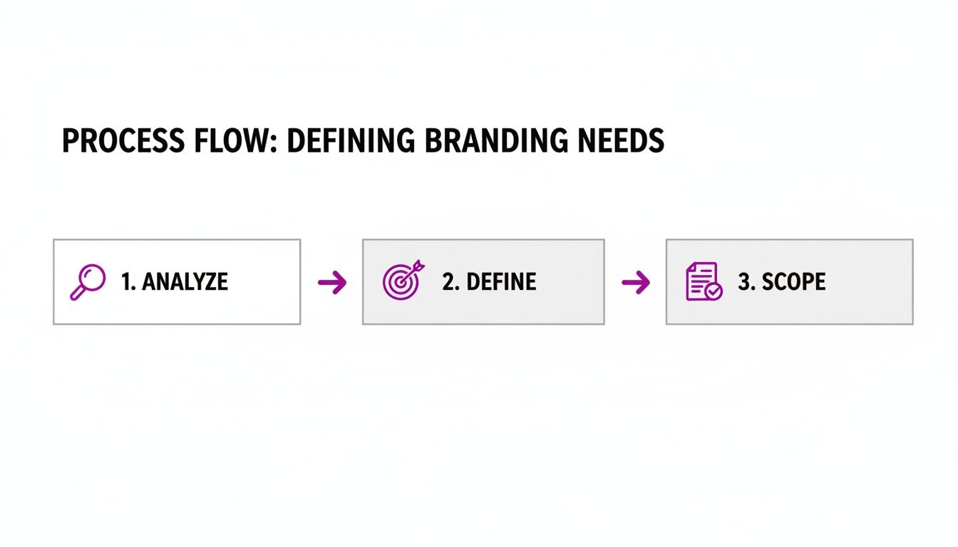 Process flow diagram illustrating three steps for defining branding needs: analyze, define, scope.