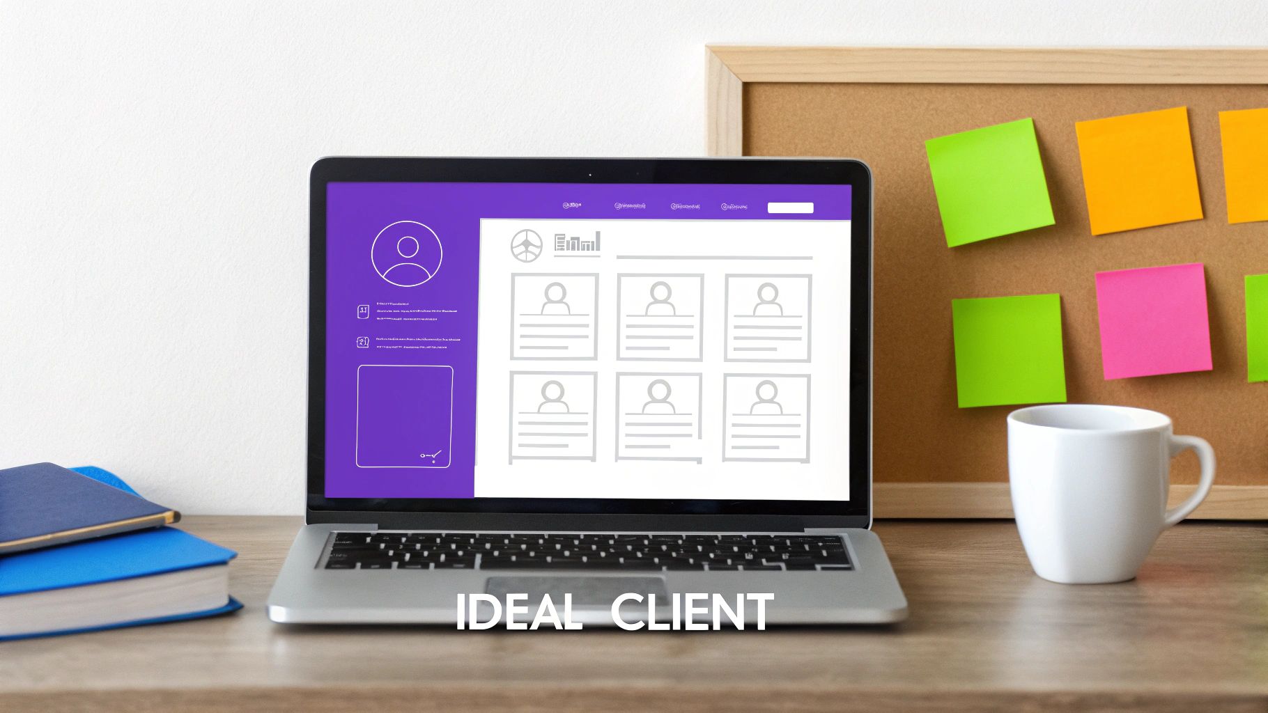 Laptop displays an 'ideal client' marketing strategy interface, with books, a mug, and sticky notes on a desk.