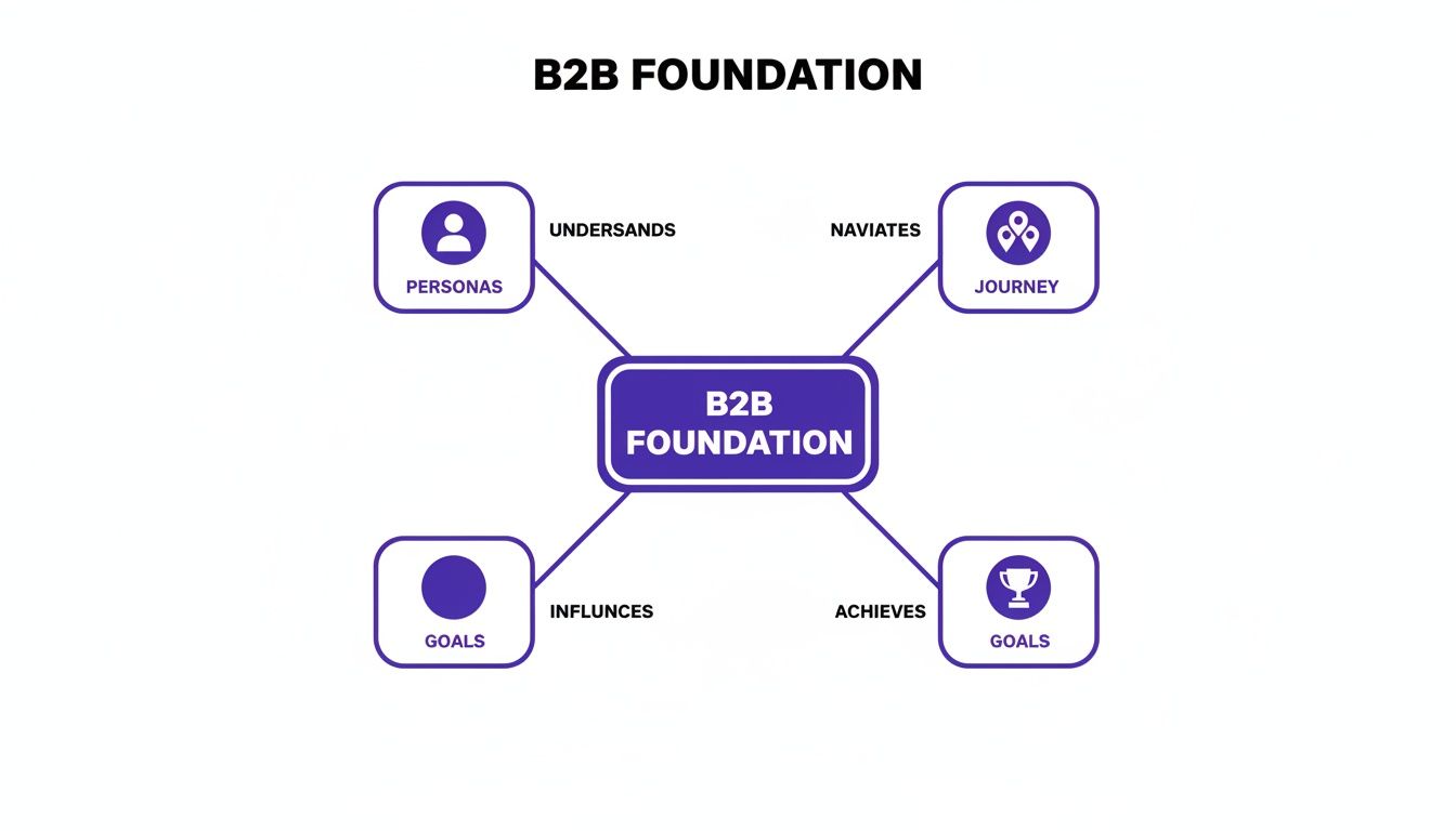 Mind map illustrating B2B Foundation concepts: understanding personas, navigating journey, influencing and achieving goals.