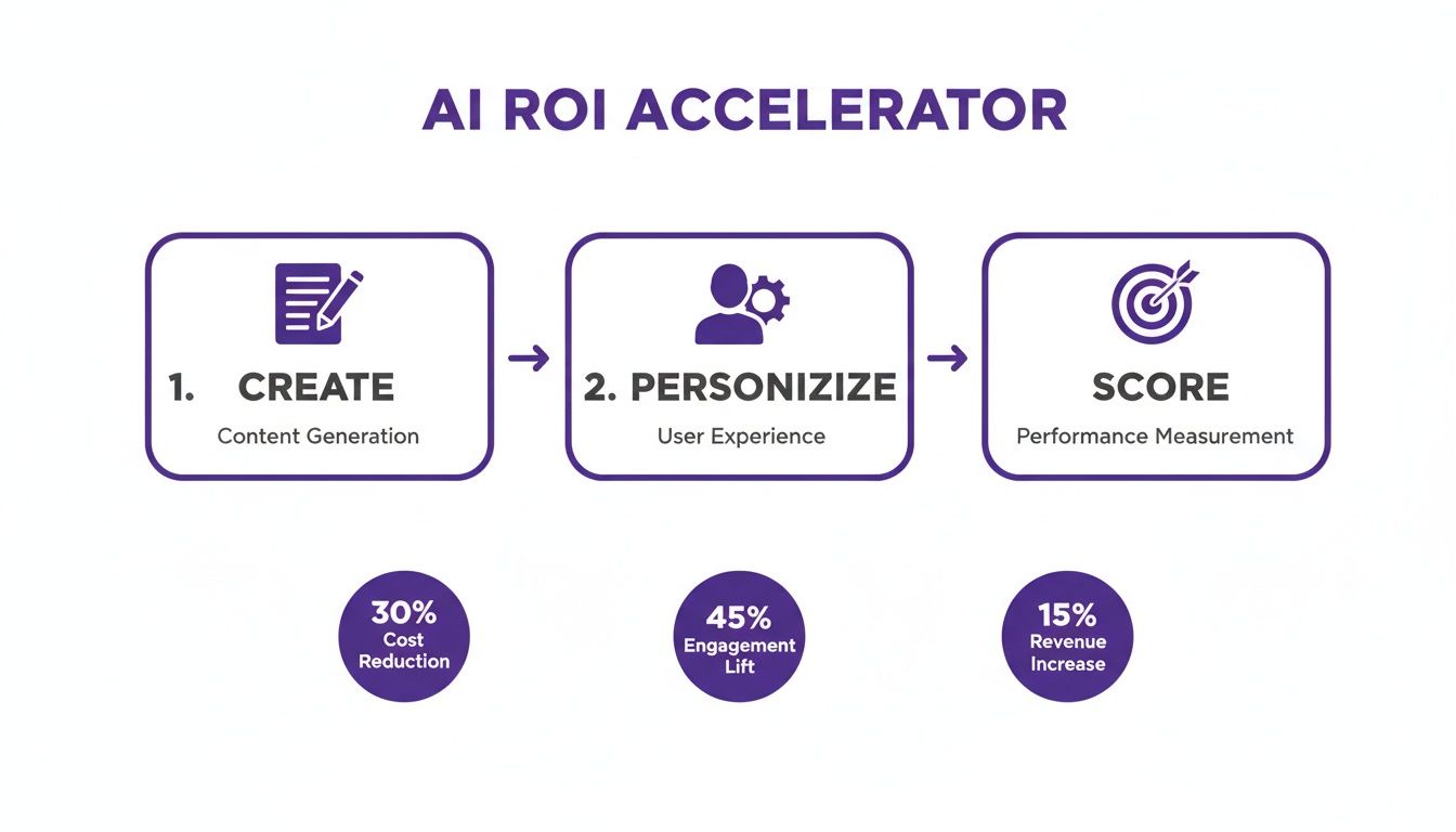 AI ROI accelerator process showing create, personalize, and score steps with key business benefits.