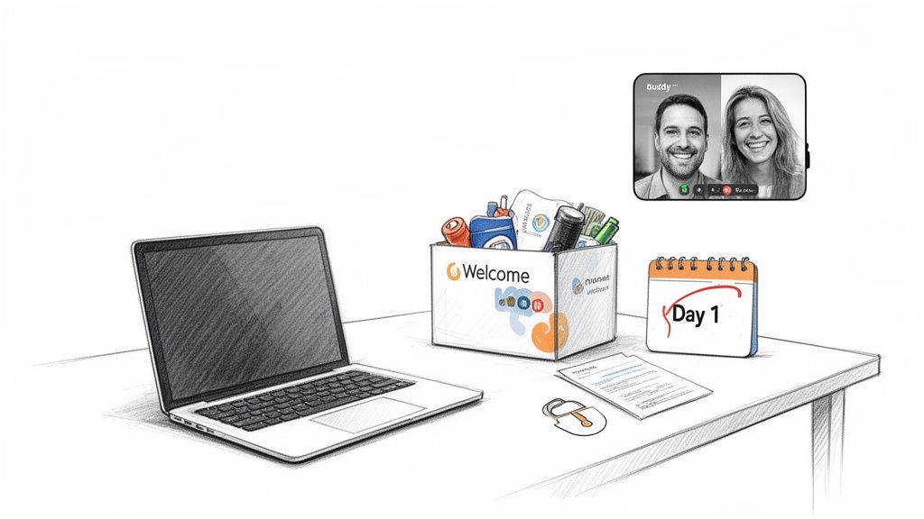 A desk with a laptop, a welcome box, a Day 1 calendar, and a video call with smiling buddies, representing remote onboarding.