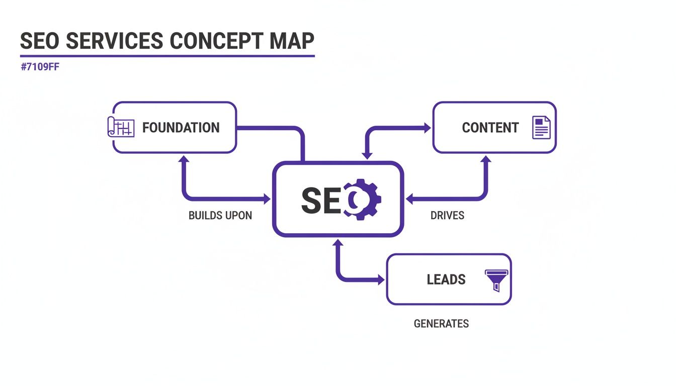 A concept map showing how SEO builds upon foundation, drives content, and generates leads.