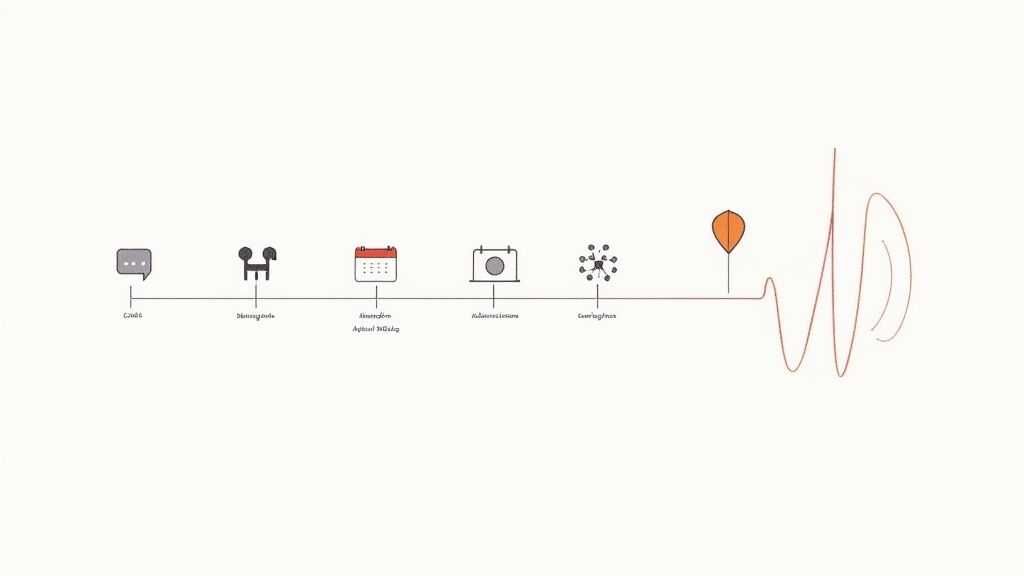 A timeline with abstract icons representing various stages of an organizational process or culture development.
