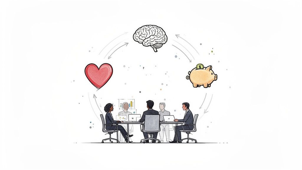 A team meeting under a diagram showing a heart, brain, and piggy bank in a wellness cycle.