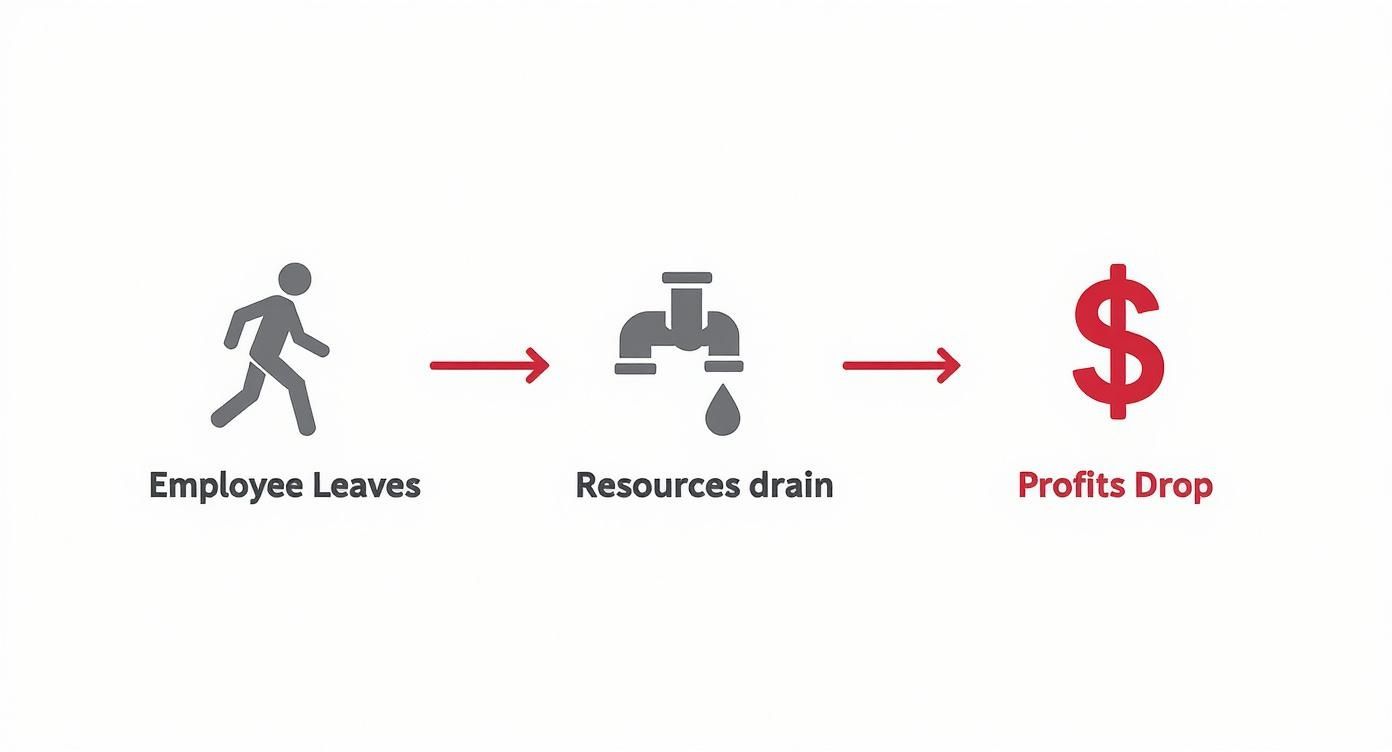 A visual representation showing that when an employee leaves, resources drain, leading to a drop in profits.