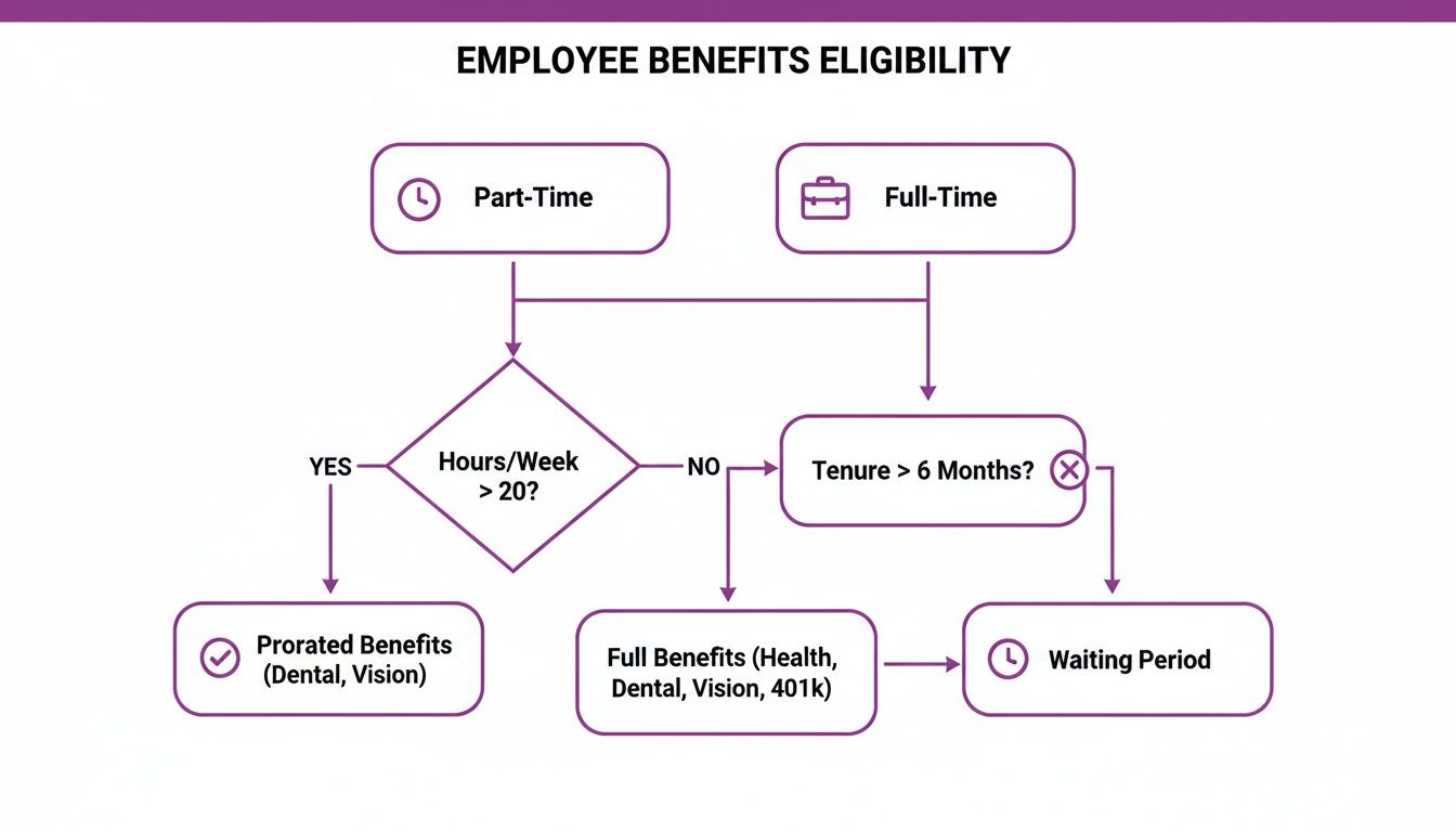 Flowchart detailing employee benefits eligibility based on employment type, weekly hours, and tenure.
