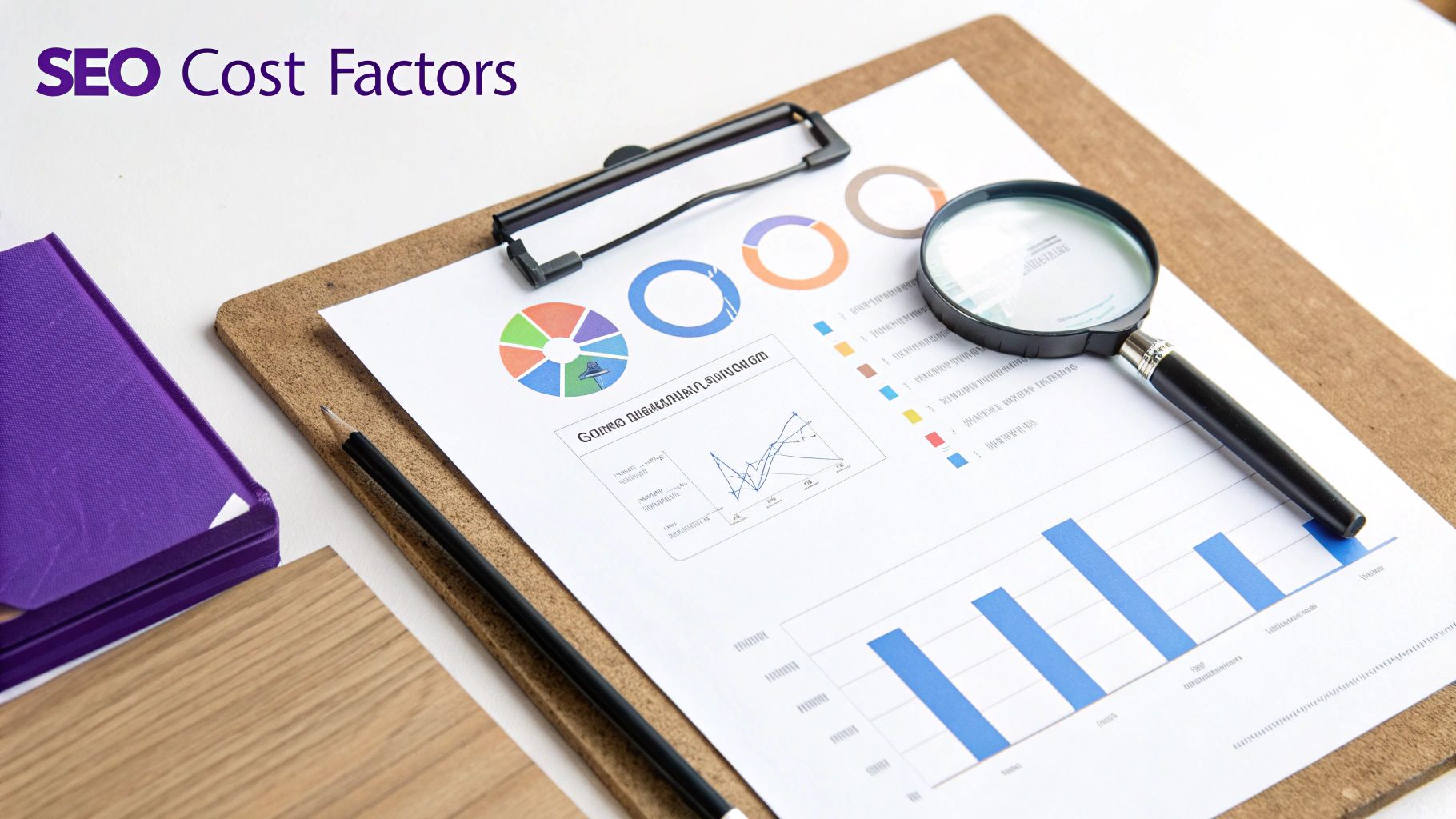 SEO cost factors analysis report with charts, graphs, and magnifying glass on clipboard