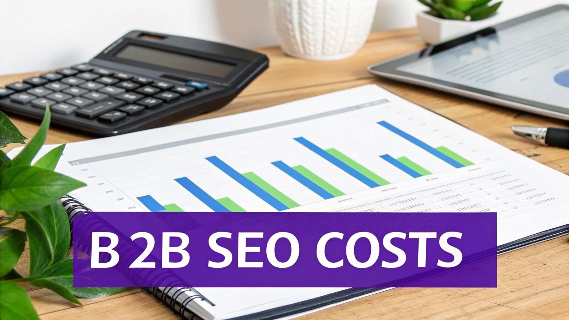 A desk setup with a calculator, financial charts, and a tablet, featuring 'B2B SEO COSTS'.