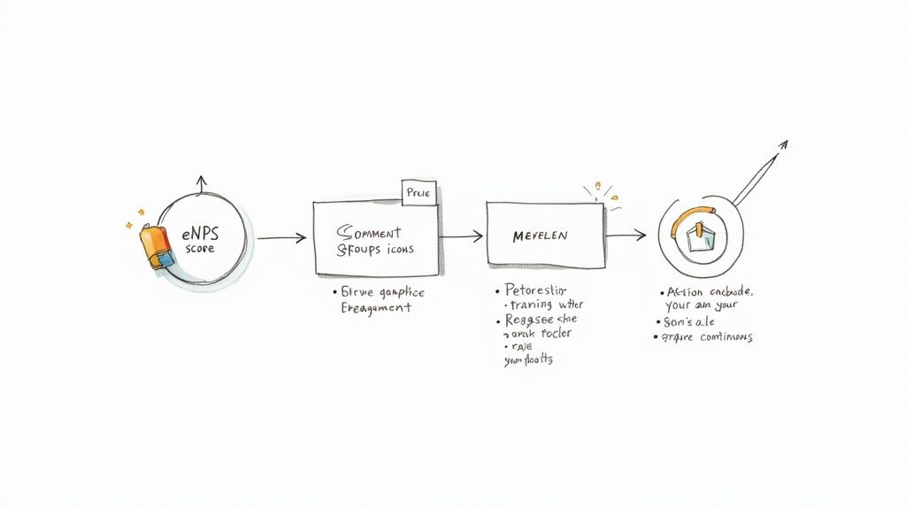 Employee Net Promoter Score workflow diagram showing measurement, comment grouping, analysis, and action steps