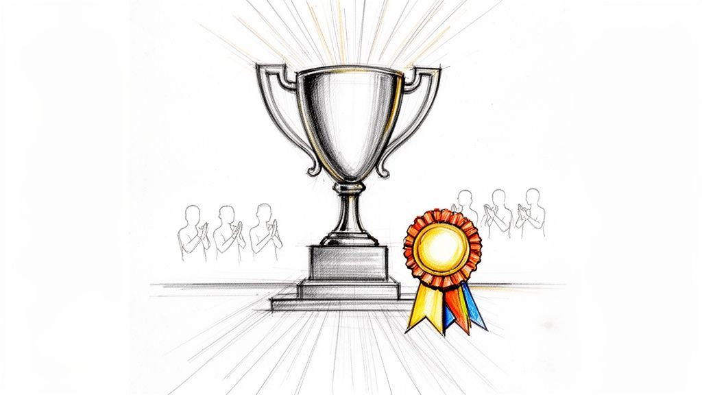 Hand-drawn illustration of a gleaming trophy, award ribbon, and applauding silhouettes, symbolizing achievement.