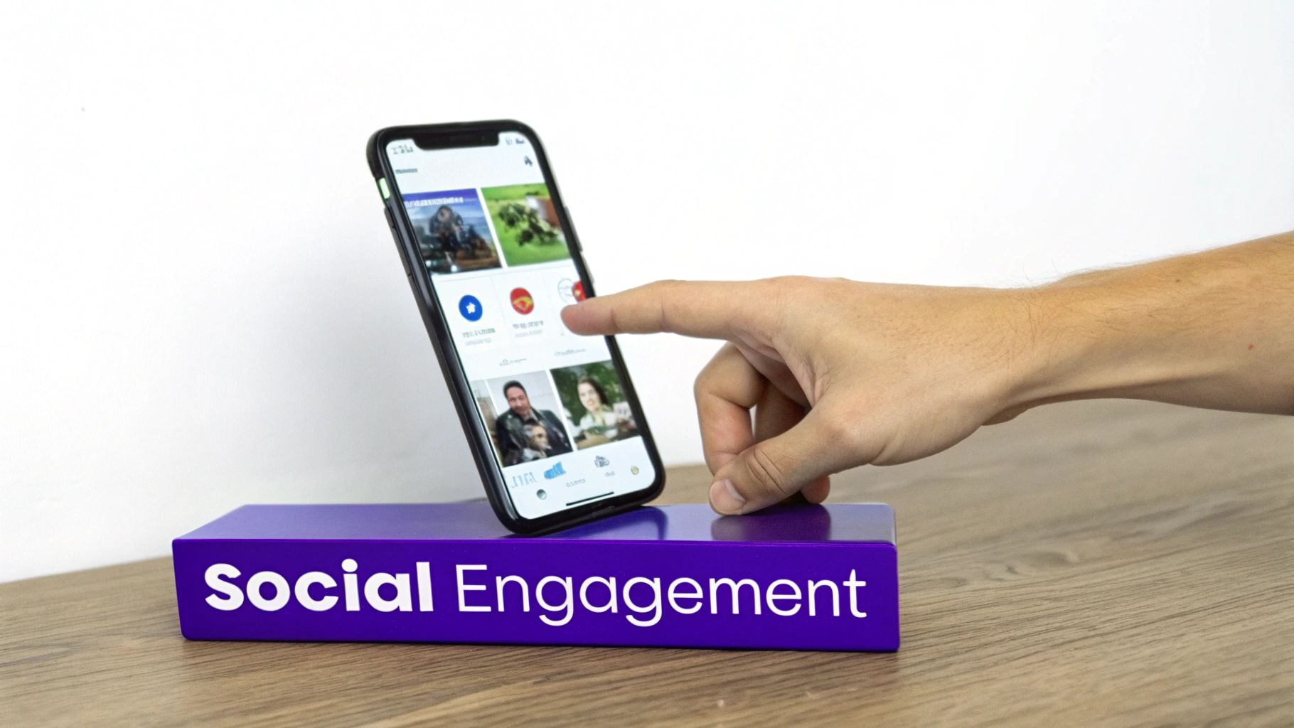 A hand taps a smartphone screen displaying social media, propped on a "Social Engagement" block.