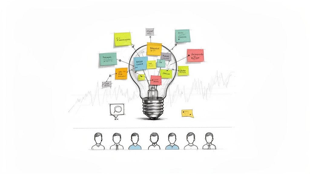 A hand-drawn lightbulb filled with colorful sticky notes connected to a team, symbolizing brainstorming and ideas.