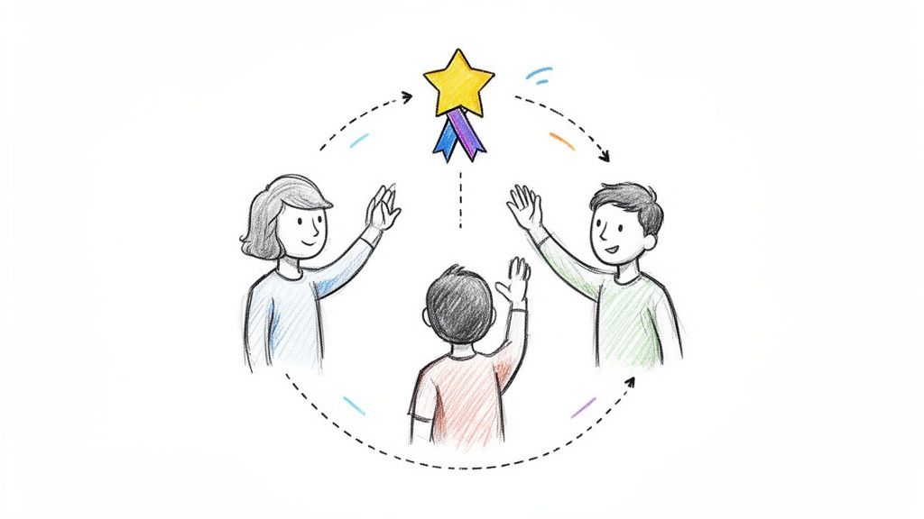Illustration of two adults and a child reaching for a golden star with ribbons, symbolizing a shared goal.