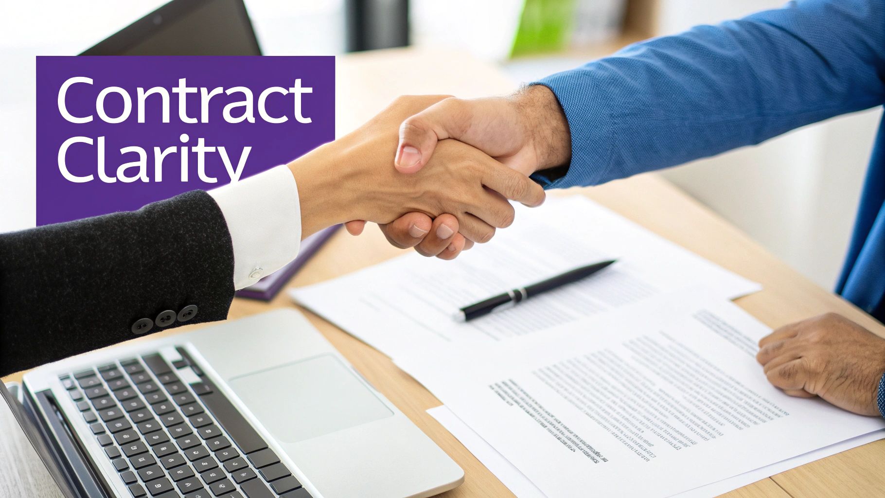 Two professionals shaking hands over a desk with documents and a laptop, promoting contract clarity.