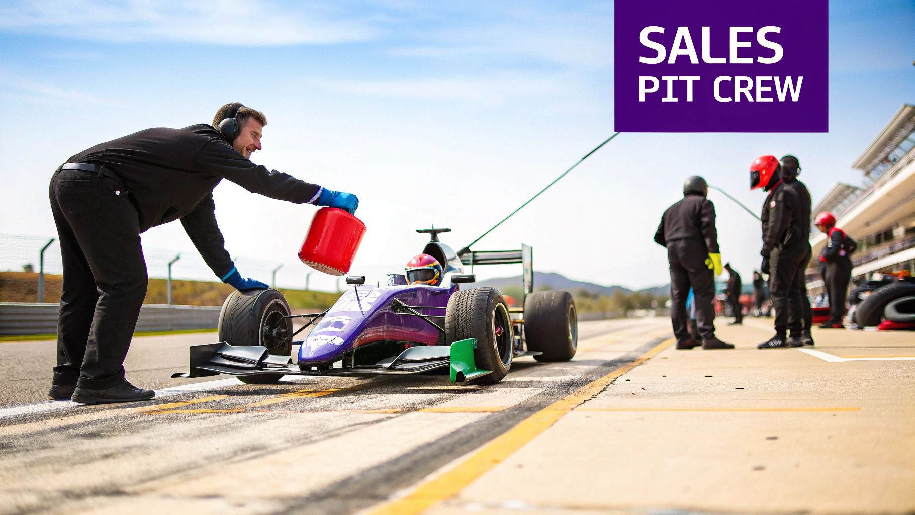 A smiling pit crew member refuels a purple race car on a sunny track, with other crew nearby.