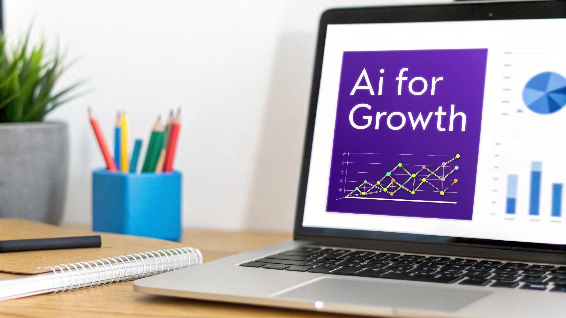 A laptop on a desk displays 'AI for Growth' presentation with charts, alongside office supplies and a plant.