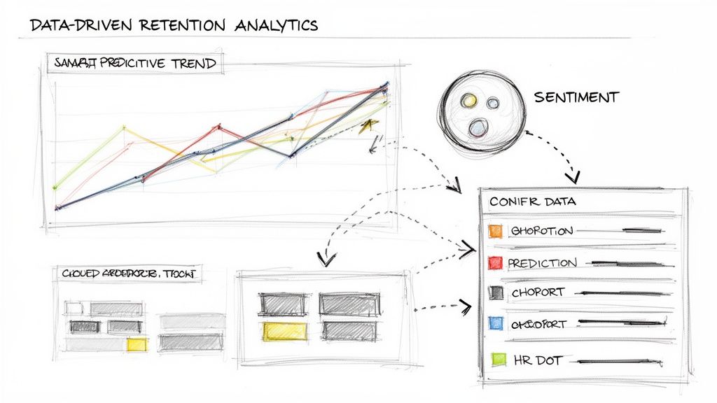 Hand-drawn analytics dashboard showing data-driven retention strategies with predictive trends and sentiment.