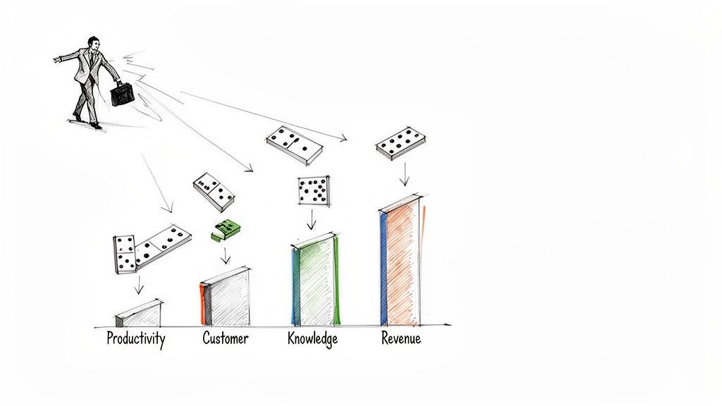 Man triggering a domino effect leading to increased productivity, customer satisfaction, knowledge, and revenue.