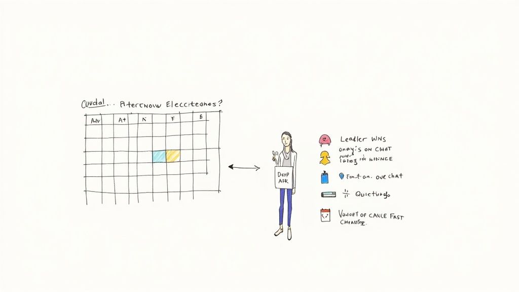 An illustration of a person, a calendar, and notes on communication, focus, and scheduling changes.