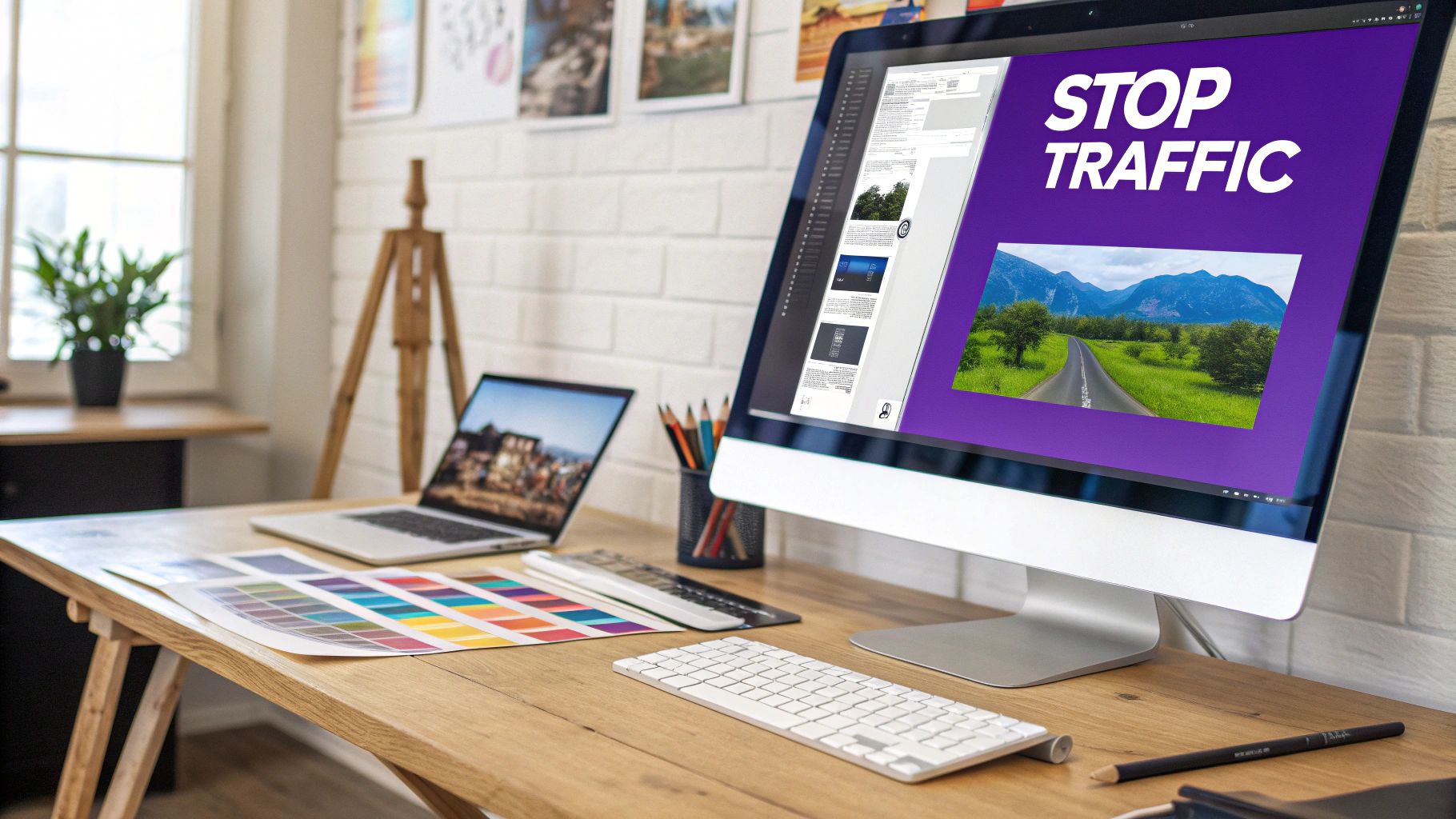 Designer workspace with desktop computer displaying stop traffic banner and vibrant purple road design layout
