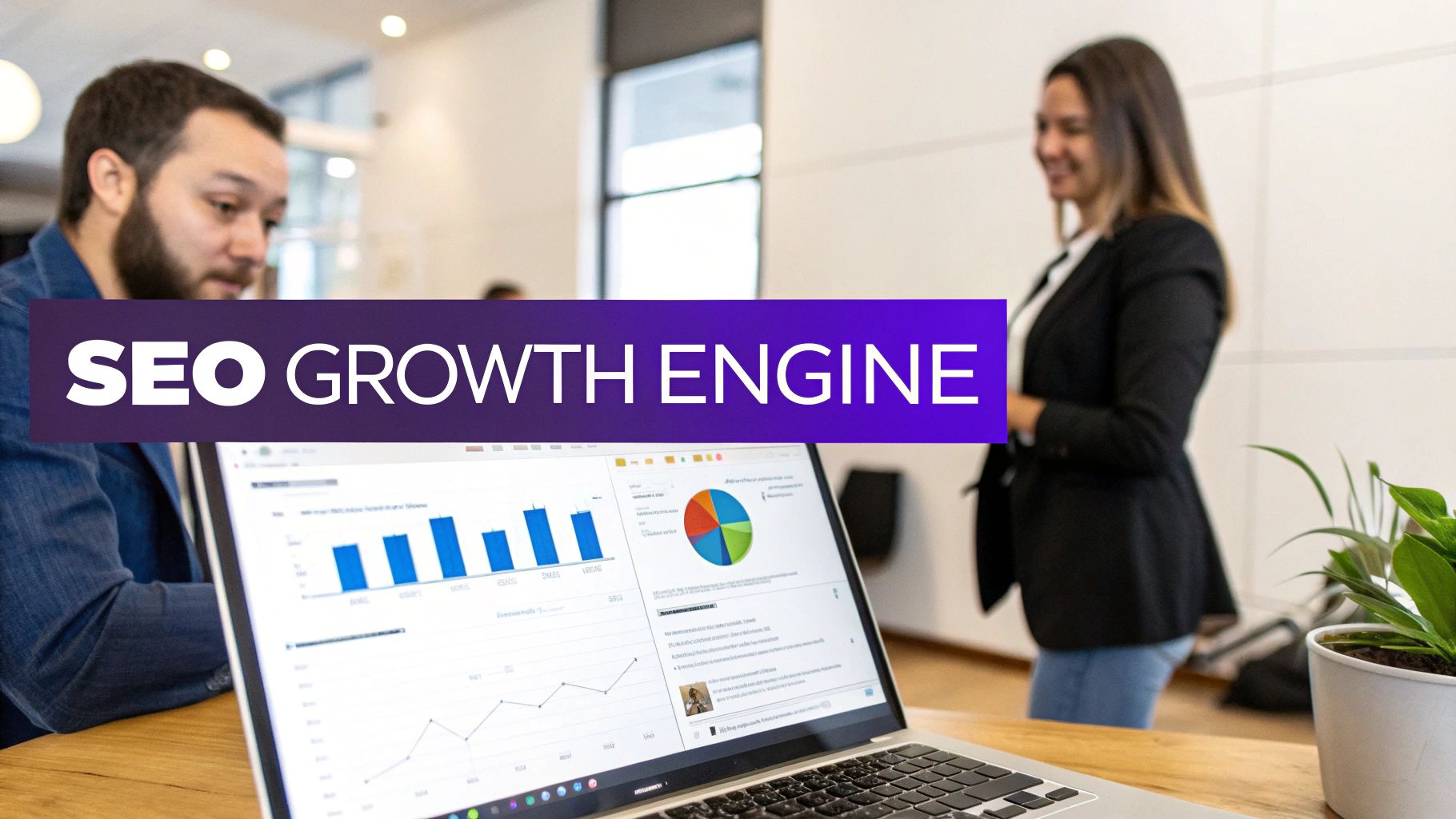 Two business people analyze SEO growth engine data on a laptop in an office.