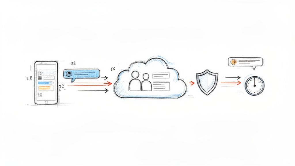 A sketch diagram illustrating secure data flow from a smartphone through a cloud to a timed, protected delivery.