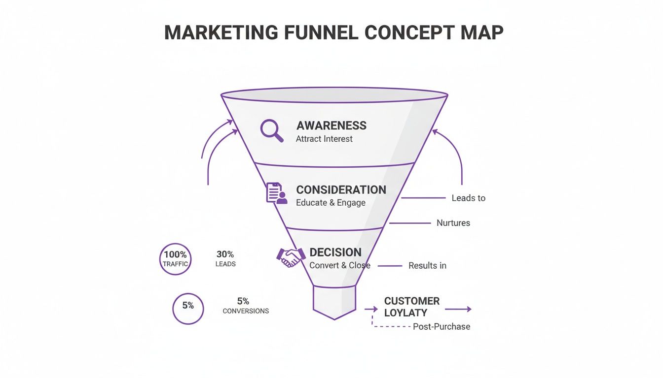 A marketing funnel concept map showing stages like awareness, consideration, decision, and customer loyalty, with percentages.