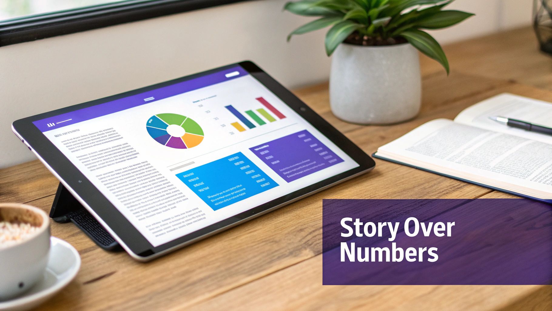 A tablet on a wooden desk displays a digital report with charts, alongside coffee, a plant, and an open book.