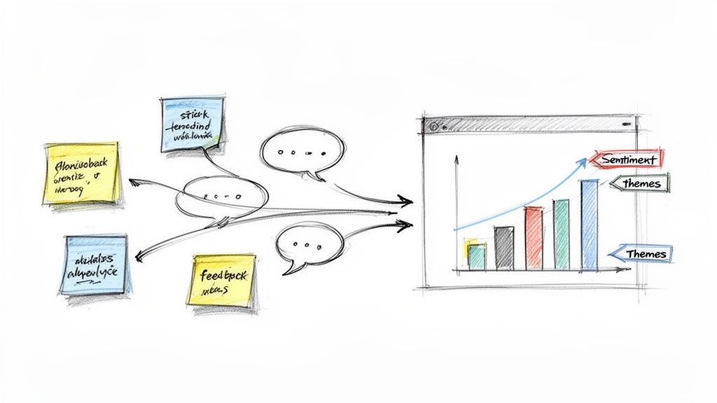 Hand-drawn sketch illustrating feedback analysis from sticky notes and discussions to a bar chart with sentiment and themes.