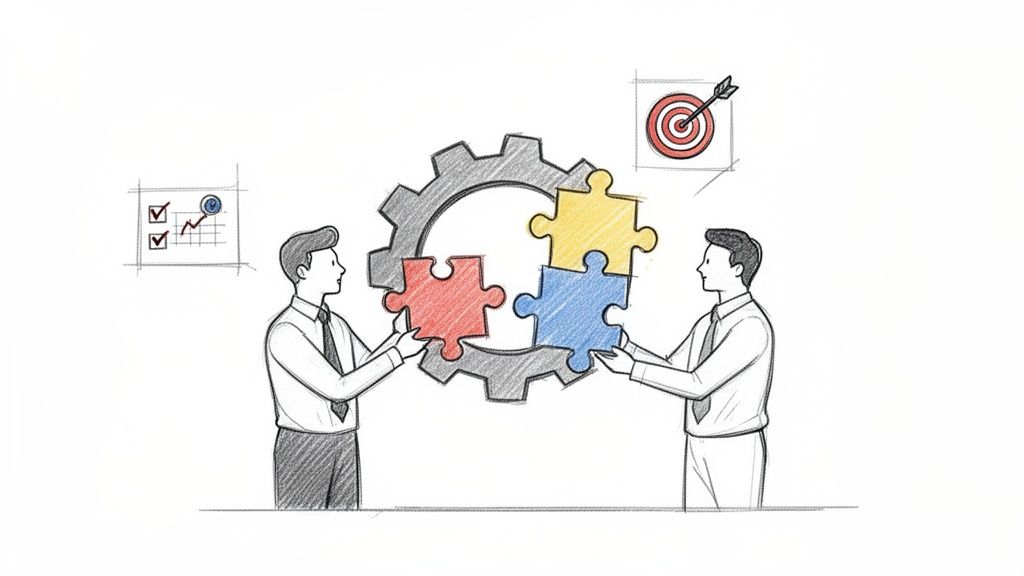 Two businessmen collaborate to assemble colorful puzzle pieces into a gear, representing teamwork and strategy.