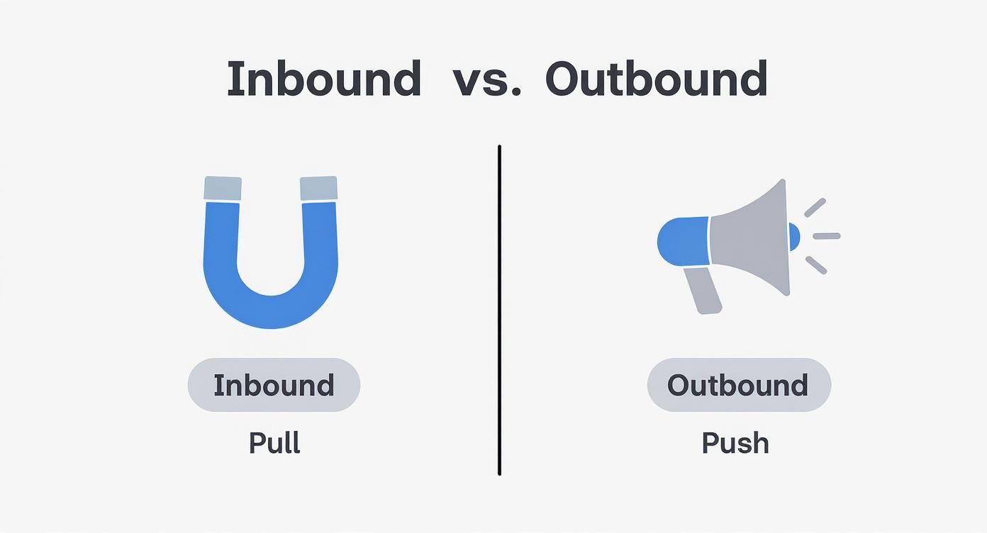 Infographic comparing inbound marketing (a magnet pulling in customers) to outbound marketing (a megaphone pushing out messages).