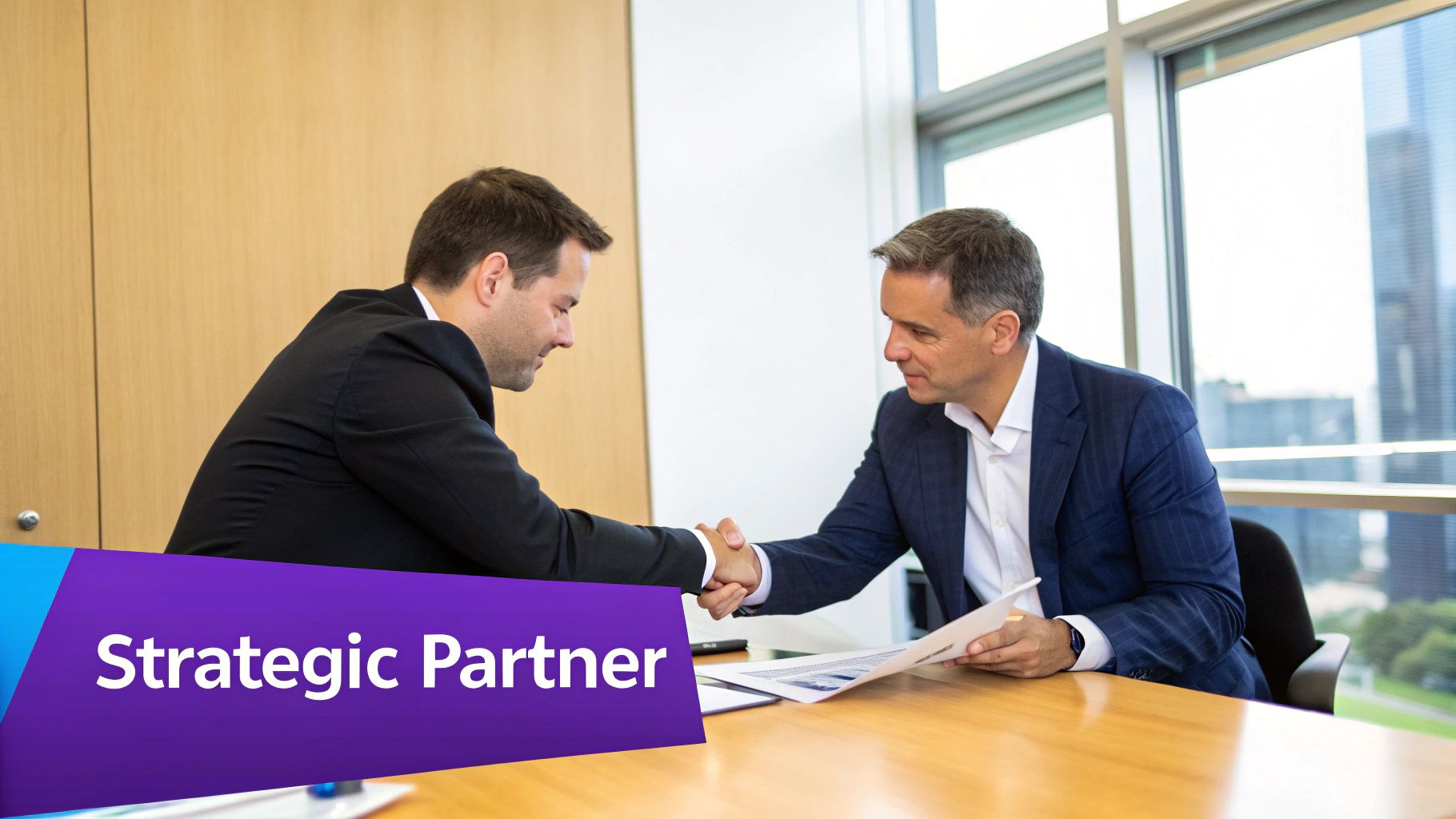 Two businessmen in suits shaking hands across a table, symbolizing a strategic partnership.