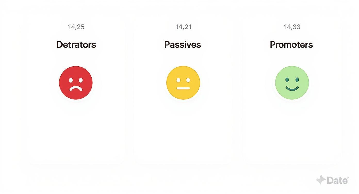 Net Promoter Score categories showing detractors with sad face, passives neutral, and promoters happy with scores